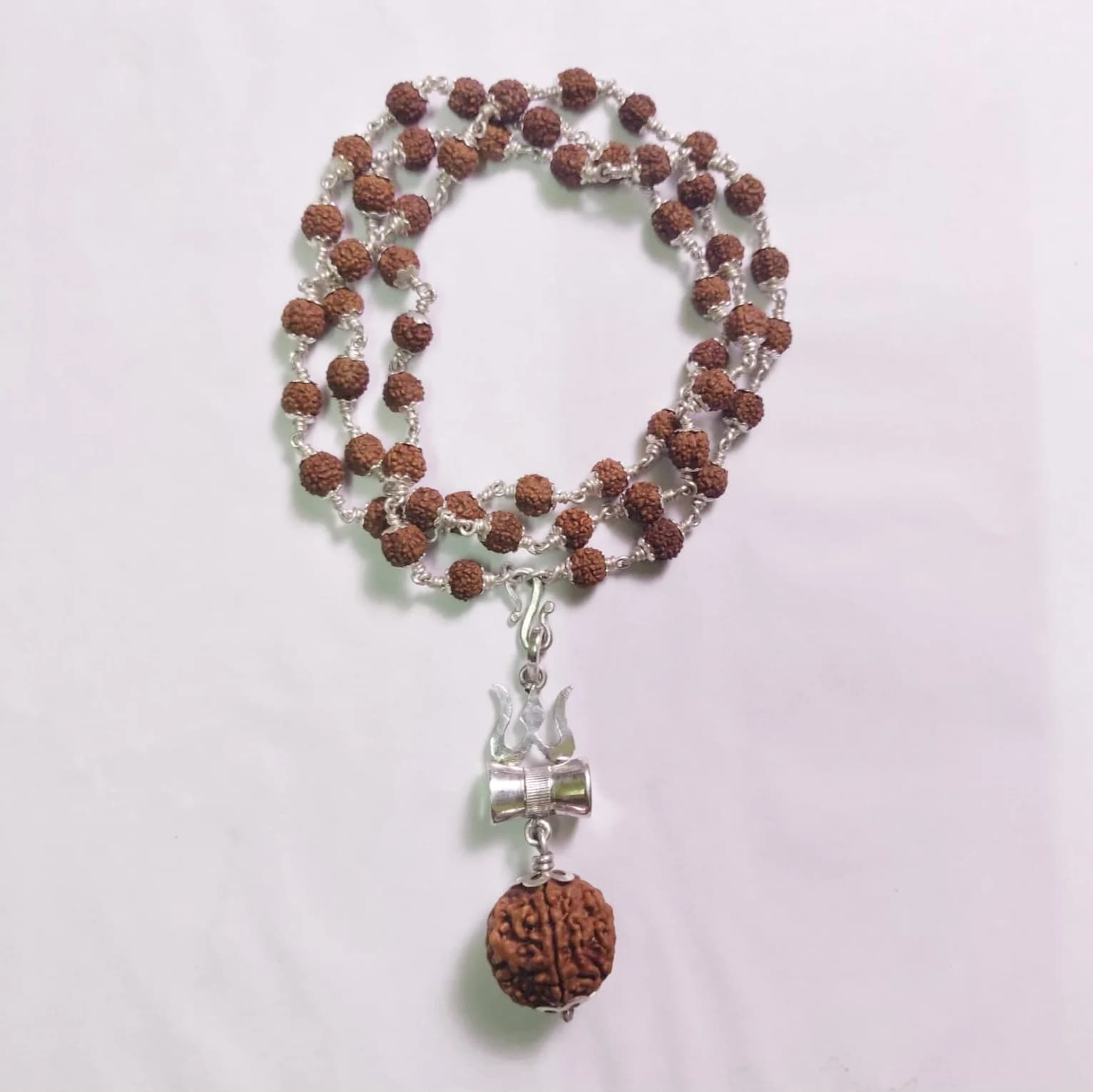 5 Mukhi Silver Rudraksha Mala – with Natural Gauri-Shankar Rudraksha Pendant