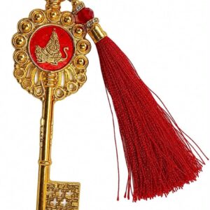 Premium Kuber Chabi golden wealth key with red tassel for home entrance, pooja room, office desk, locker and cash counter. Ideal Vastu and Feng Shui prosperity symbol.