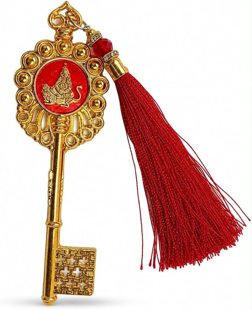 Premium Kuber Chabi golden wealth key with red tassel for home entrance, pooja room, office desk, locker and cash counter. Ideal Vastu and Feng Shui prosperity symbol.